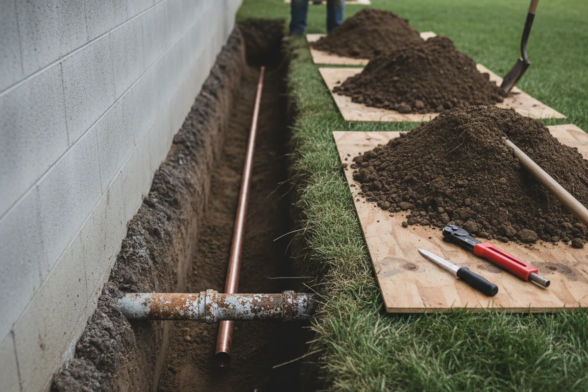 Excavated water line trench during Water Heater Repair in Grimes